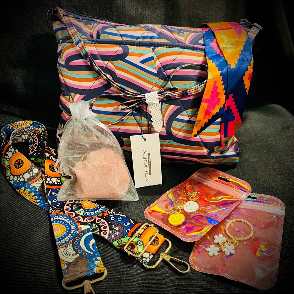 NWT Vera Bradley Large Hipster Retro Ribbons Crossbody Bundle Strap & Charms